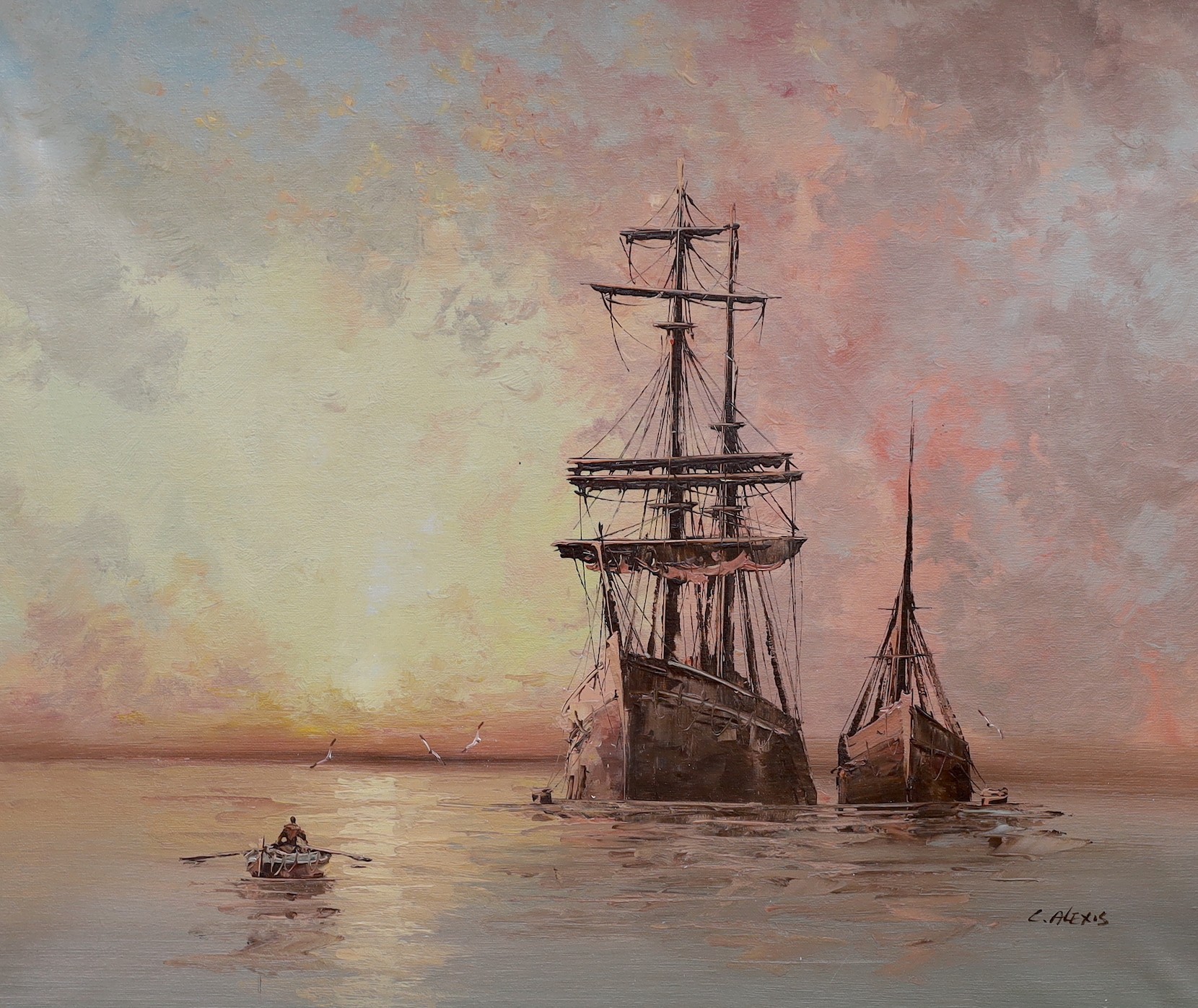 L.E. Bearn, oil on canvas, Fishing boats in harbour, 50 x 75cm and an oil of sailing ships by Alexis, 50 x 60cm